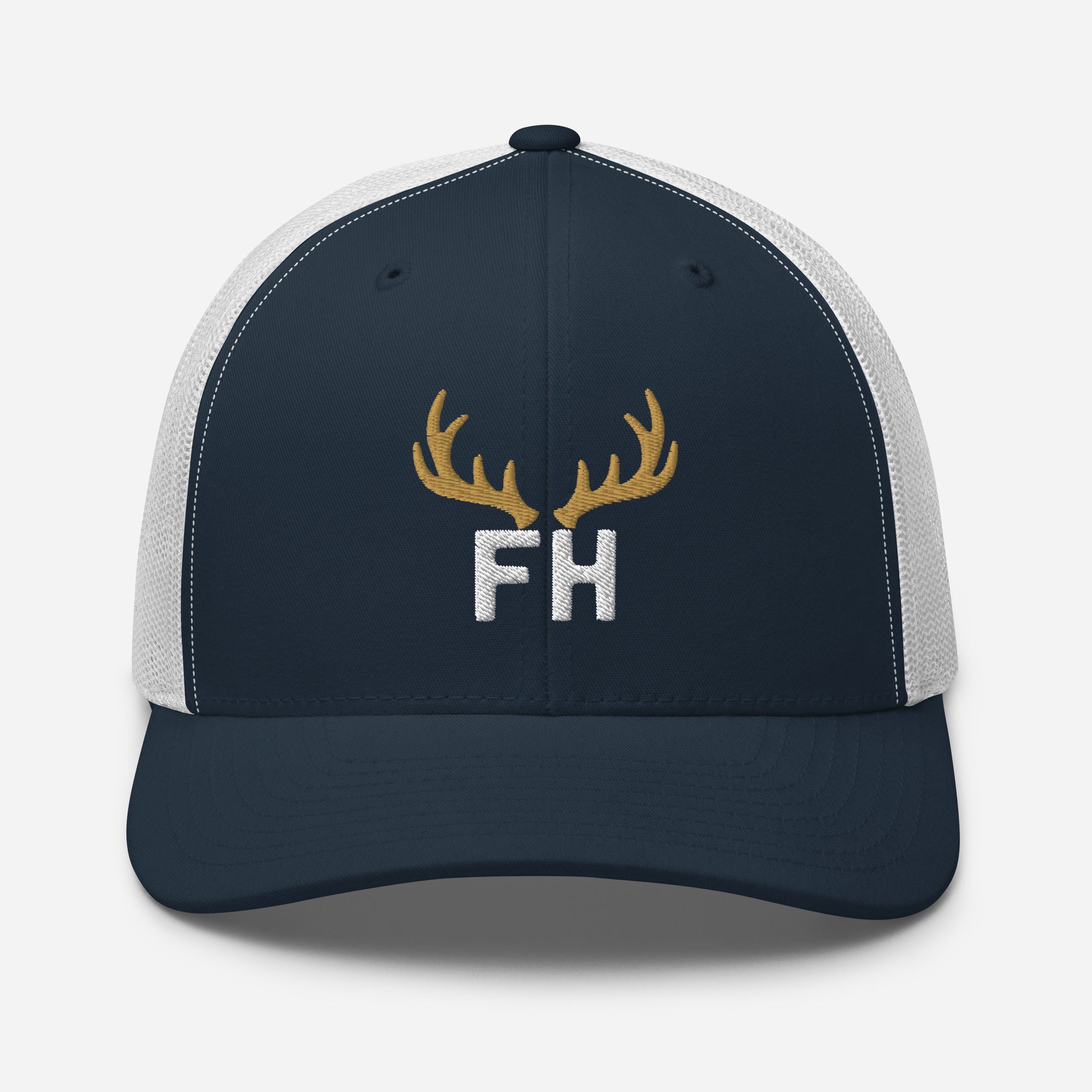 Mens navy white elk hunting trucker hat with embroidered elk crest and FH mark on the front
