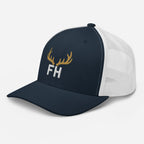 Mens navy white elk hunting snapback hat showing mesh side panel and adjustable snapback closure
