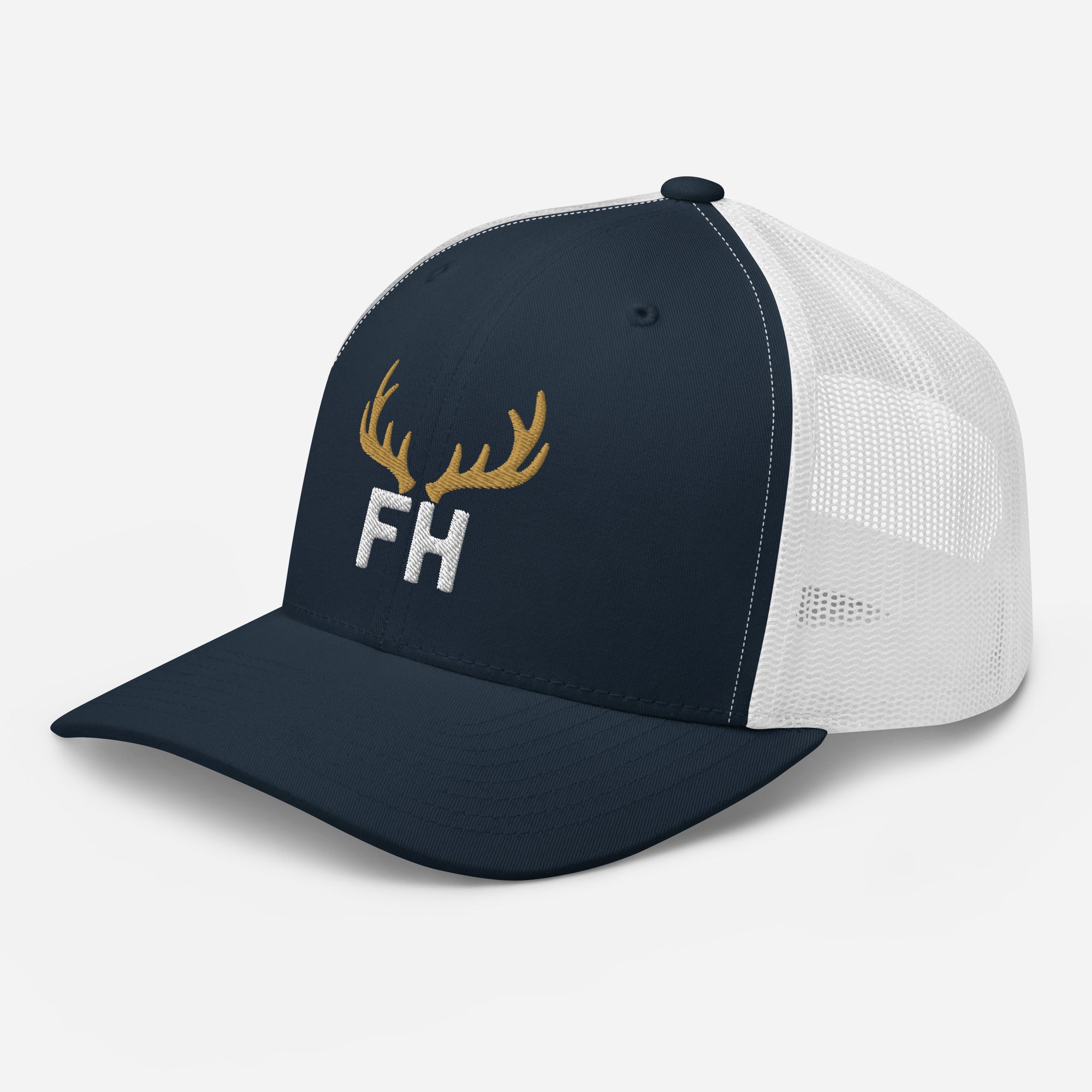 Mens navy white elk hunting snapback hat showing mesh side panel and adjustable snapback closure