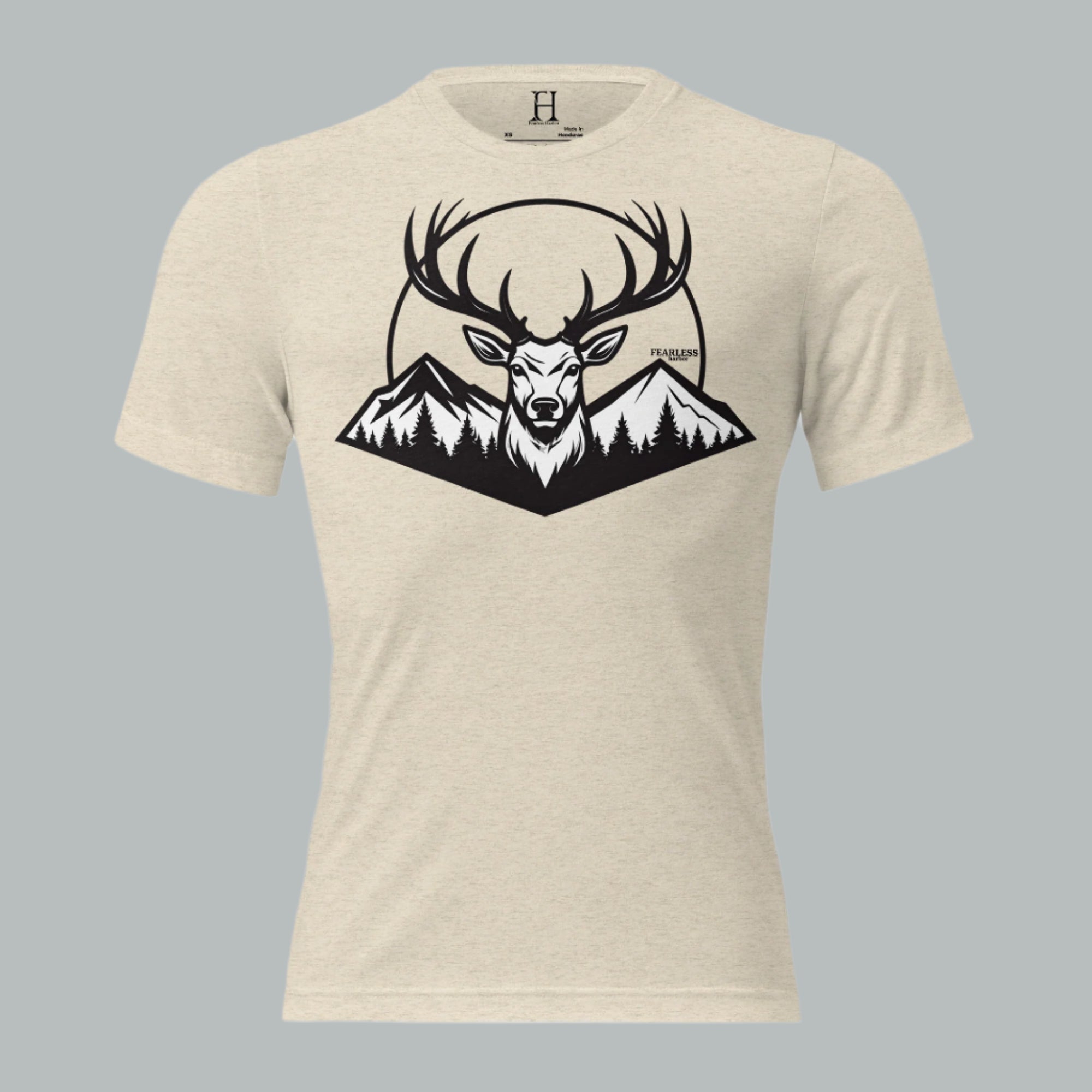 Front view of Fearless Harbor Men's Buck Ridge Tee in Oatmeal, featuring vintage deer design for hunters.