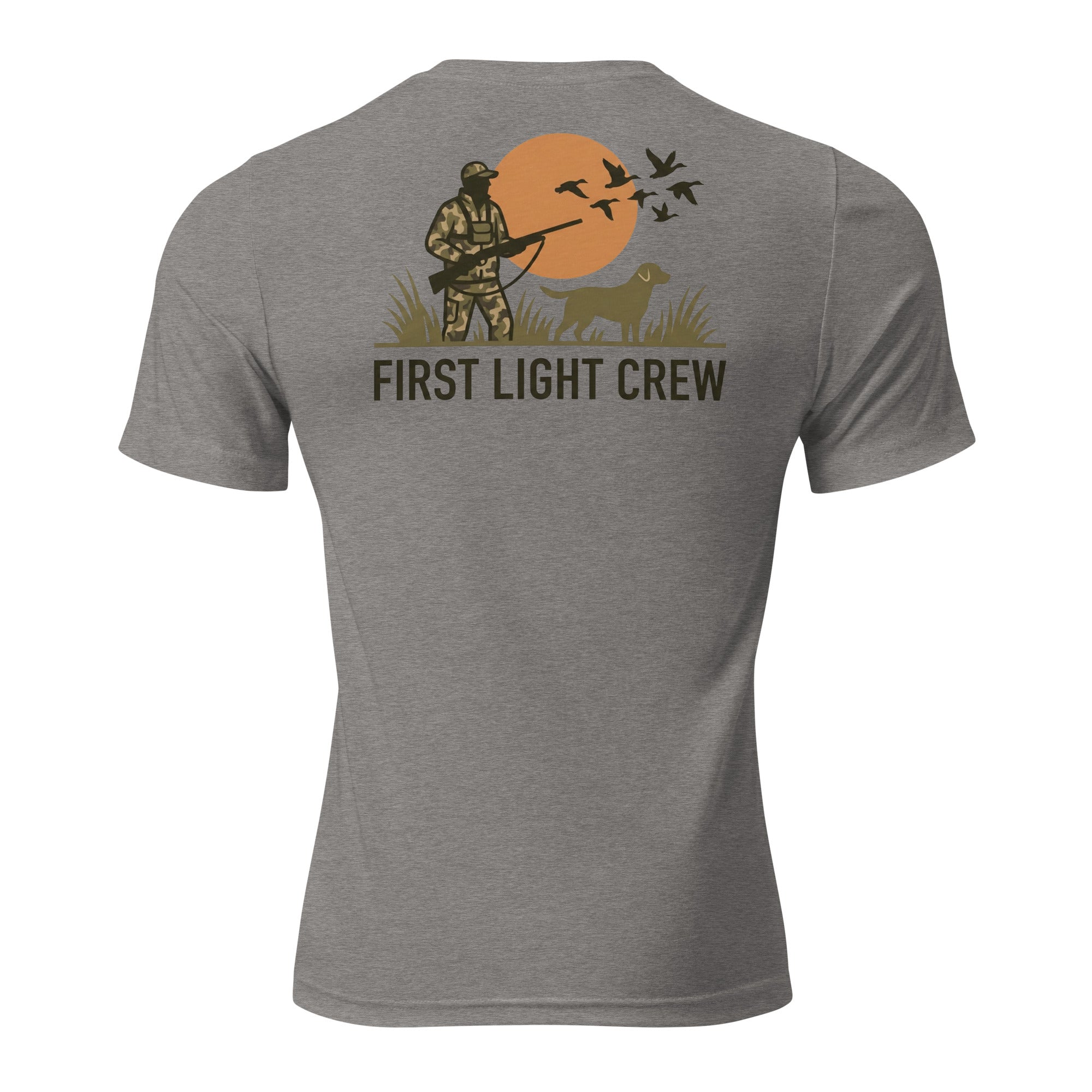 Men's First Light Crew Waterfowl Tee in Grey Triblend featuring sunrise hunter, retriever and ducks artwork