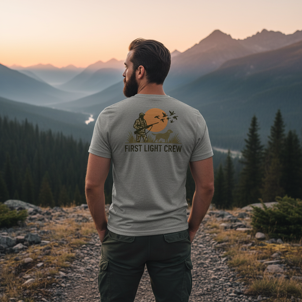 Man outdoors wearing the Men's First Light Crew Waterfowl Tee in Grey Triblend showing hunter, retriever and ducks artwork