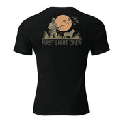 Men's First Light Crew Waterfowl Tee in Solid Black Triblend showing hunter, retriever and flying ducks with First Light Crew text