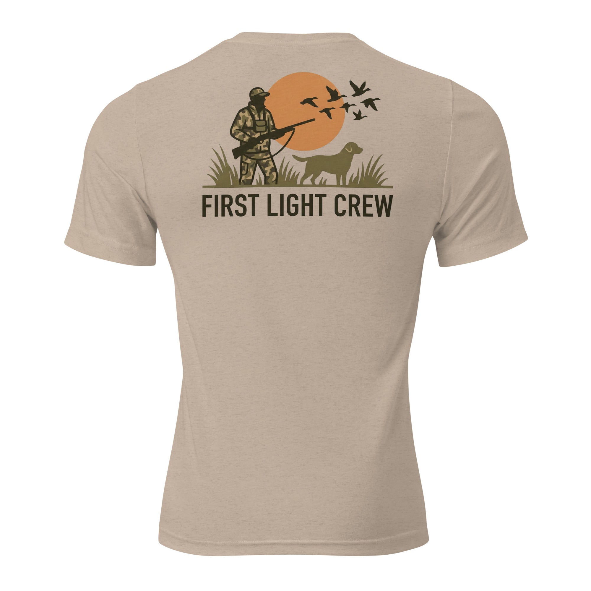 Men's First Light Crew Waterfowl Tee in Tan Triblend showing hunter and retriever silhouette with ducks and sunrise