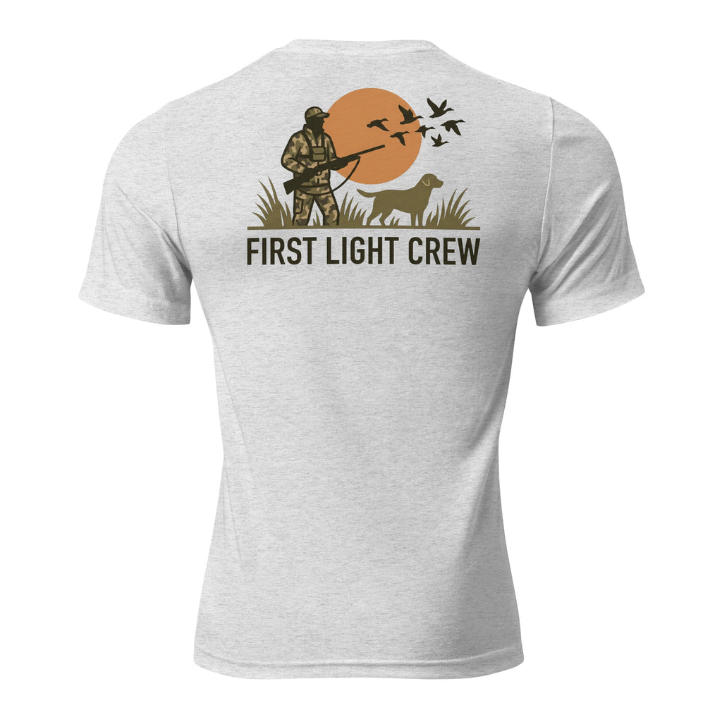 Men's First Light Crew Waterfowl Tee in White Fleck Triblend showing sunrise hunter and retriever artwork