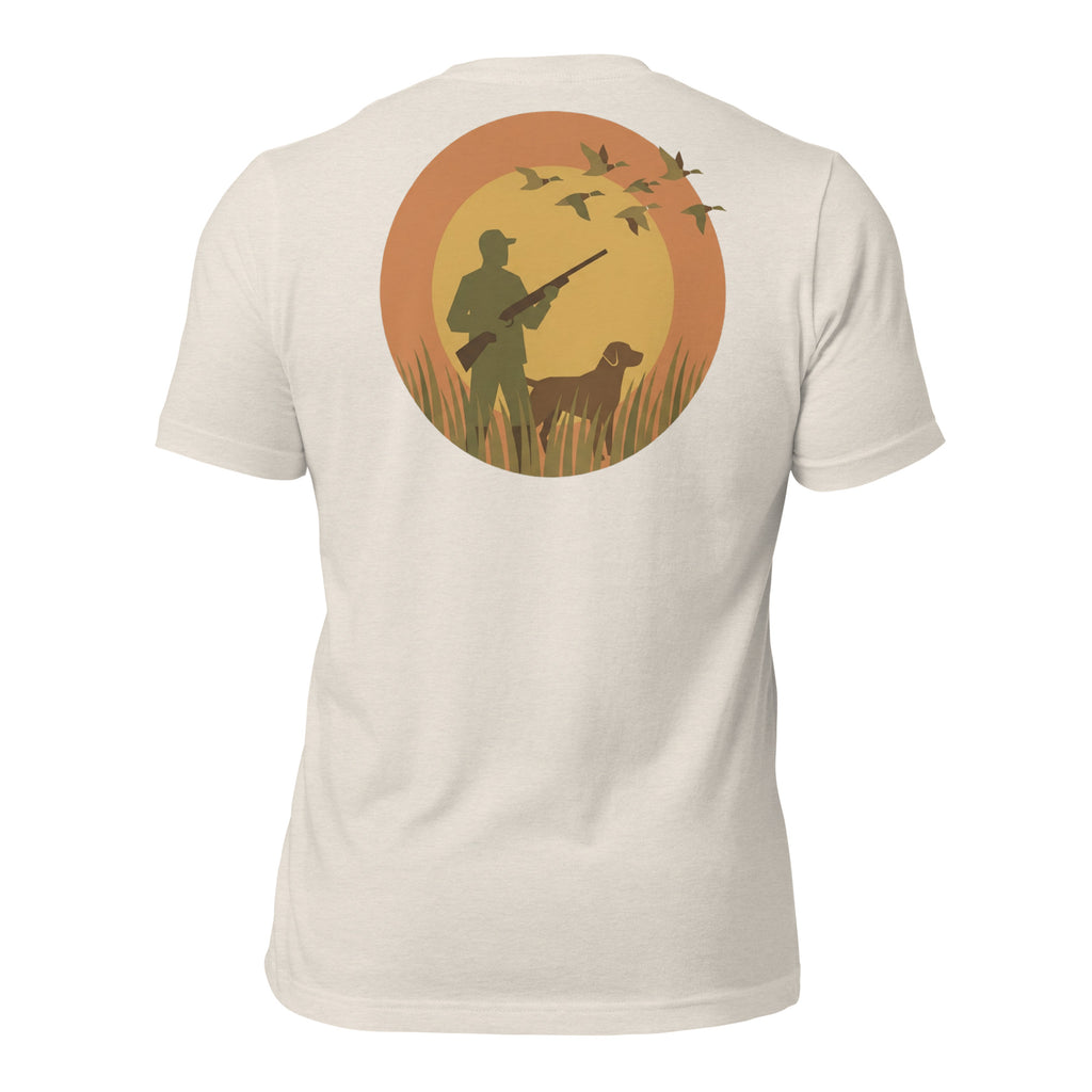 Men's First Light Waterfowl Tee in Heather Dust showing sunrise hunter, retriever and flying ducks artwork