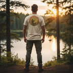 Man outdoors wearing the Men's First Light Waterfowl Tee in Heather Dust showing the sunrise hunter and retriever artwork