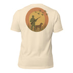 Men's First Light Waterfowl Tee in Heather Natural showing sunrise marsh hunter and retriever scene