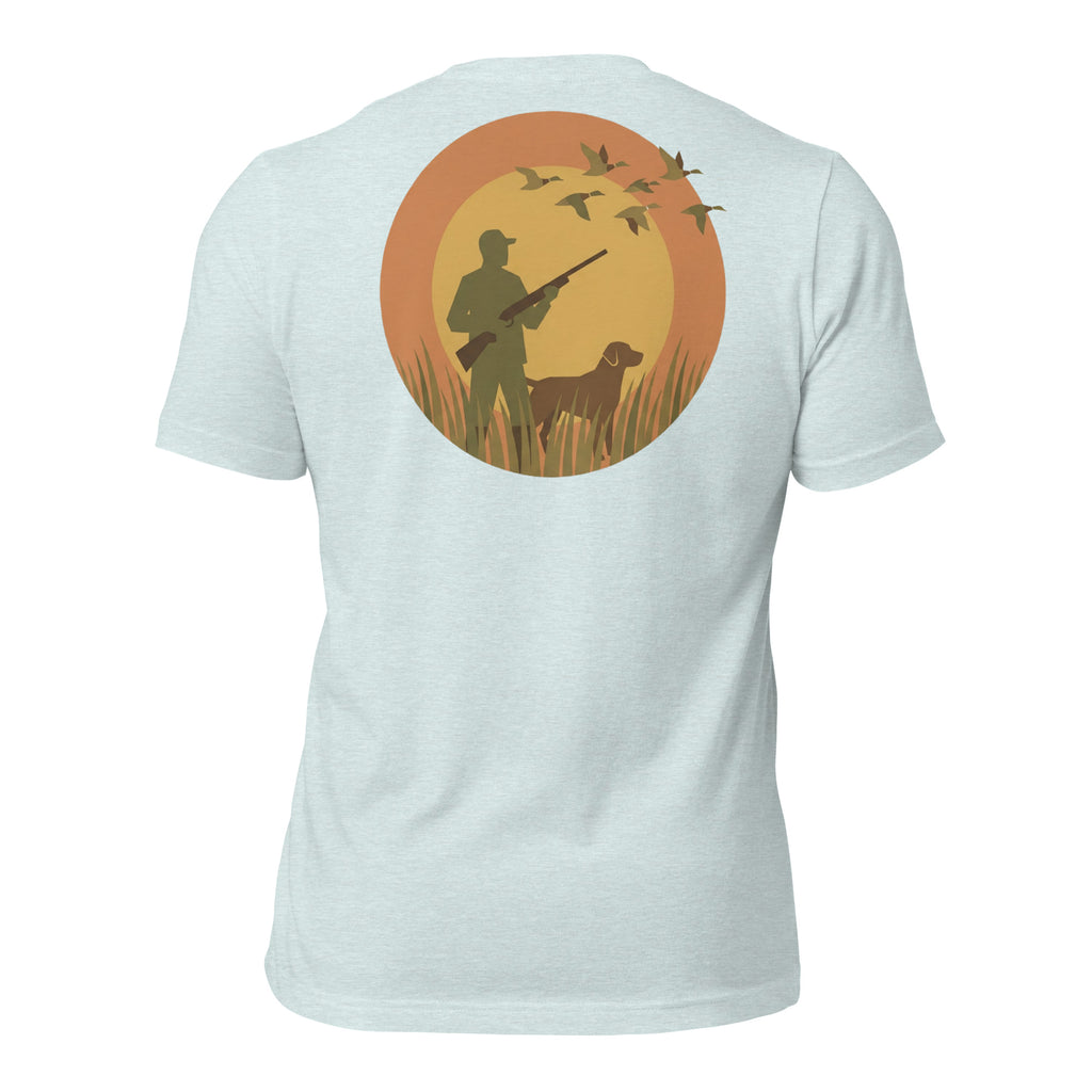 Men's First Light Waterfowl Tee in Heather Prism Ice Blue showing hunter, retriever and ducks at sunrise