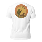 Men's First Light Waterfowl Tee in White featuring hunter, retriever and ducks flying across sunrise artwork