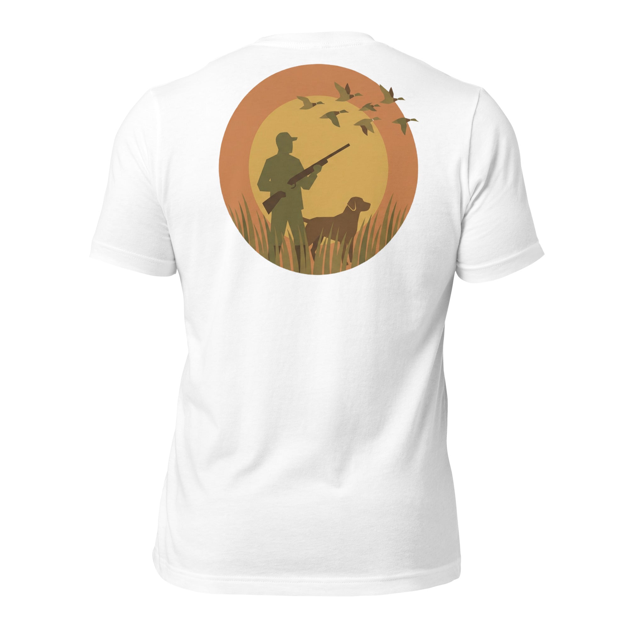 Men's First Light Waterfowl Tee in White featuring hunter, retriever and ducks flying across sunrise artwork