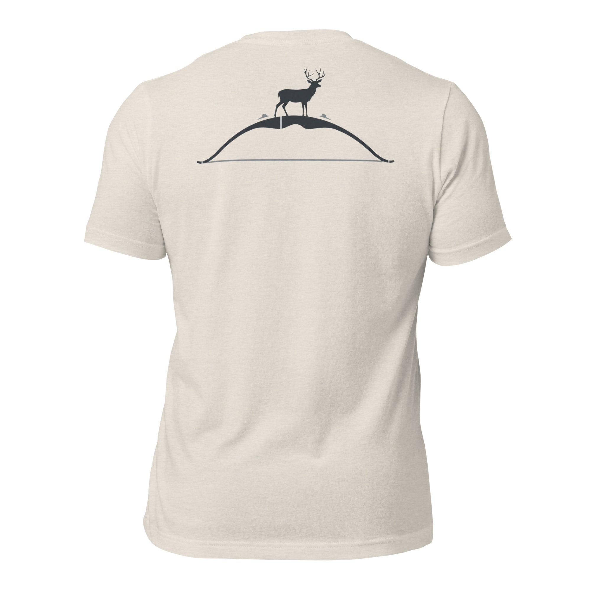 Back view of the Men's High Desert Bowline Mule Deer Tee in Heather Dust with mule deer standing on a bowline shaped high desert ridge