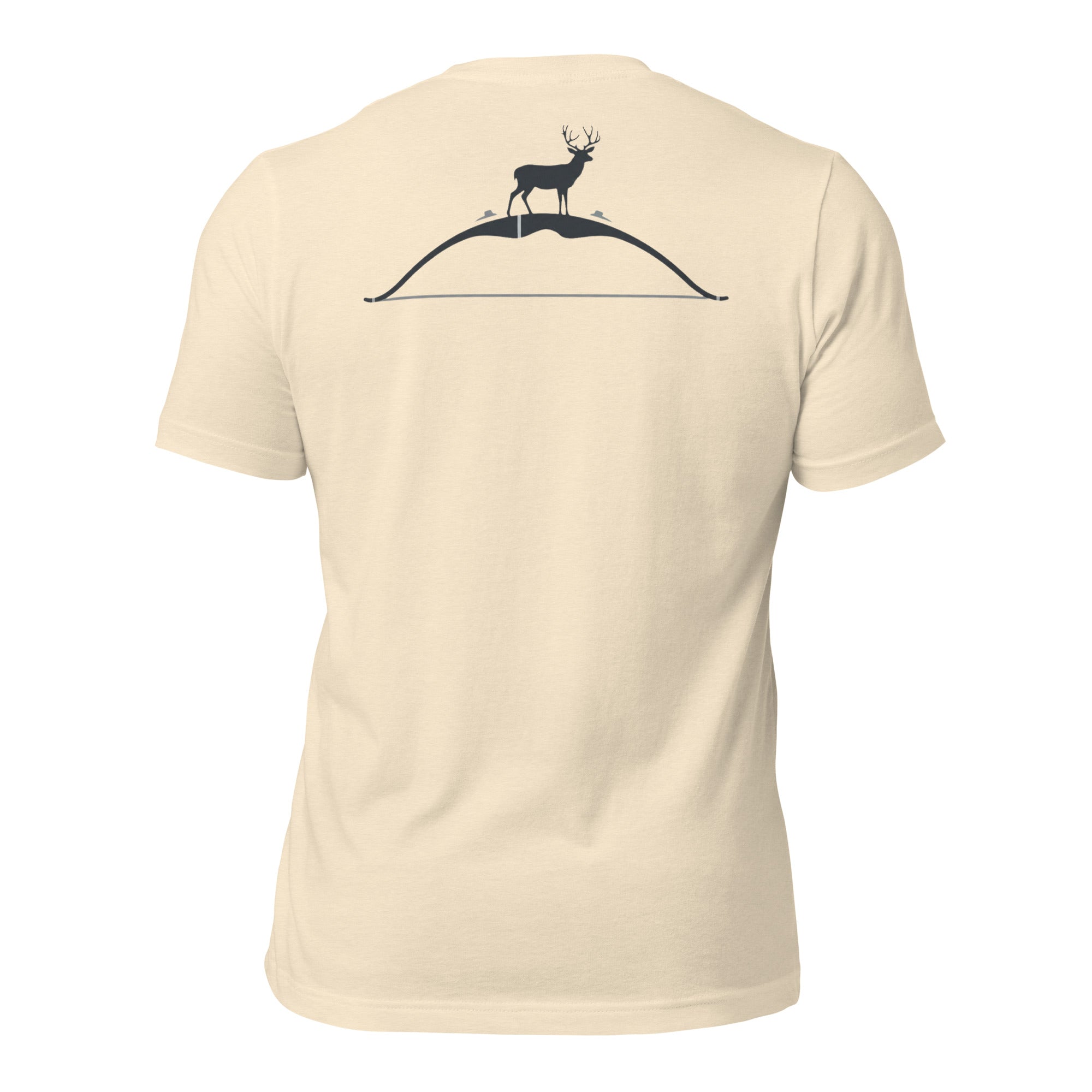 Back view of the Men's High Desert Bowline Mule Deer Tee in Heather Natural showing mule deer on a ridge integrated with a bowline graphic