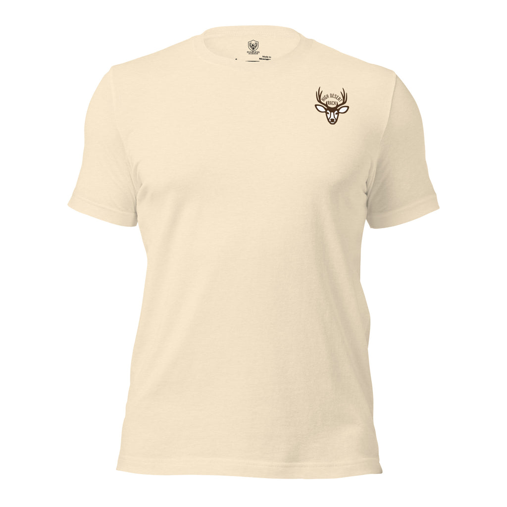 Front view of the Men's High Desert Bowline Mule Deer Tee in Heather Natural with mule deer chest emblem