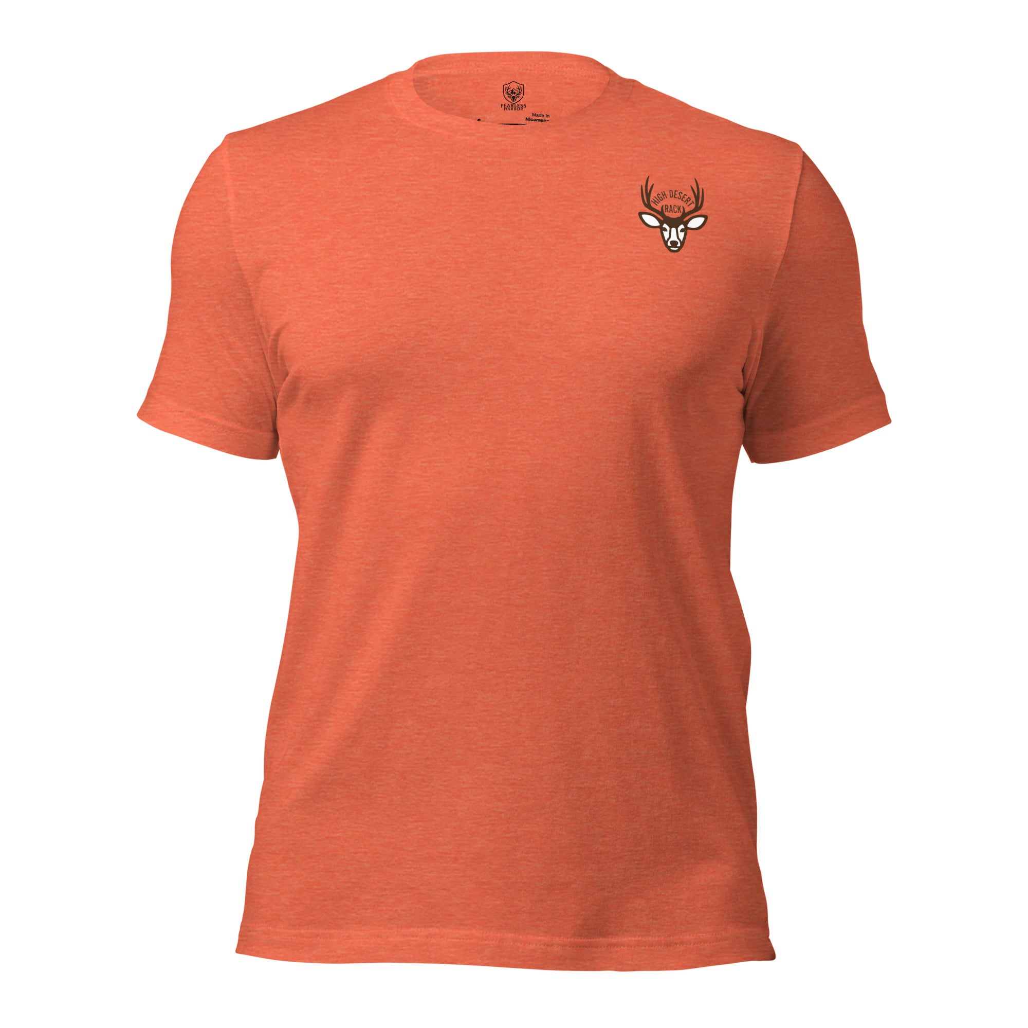 Front view of the Men's High Desert Bowline Mule Deer Tee in Heather Orange with mule deer head chest emblem