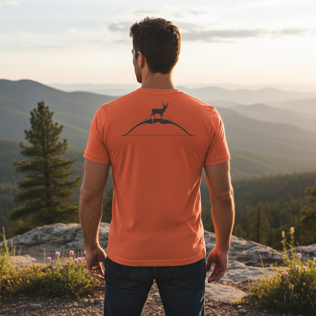 Man outdoors wearing the Men's High Desert Bowline Mule Deer Tee in Heather Orange back view showing the mule deer ridge and bowline graphic