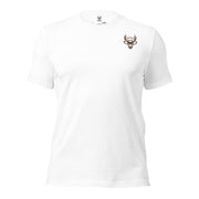 Front view of the Men's High Desert Bowline Mule Deer Tee in White with mule deer head chest emblem
