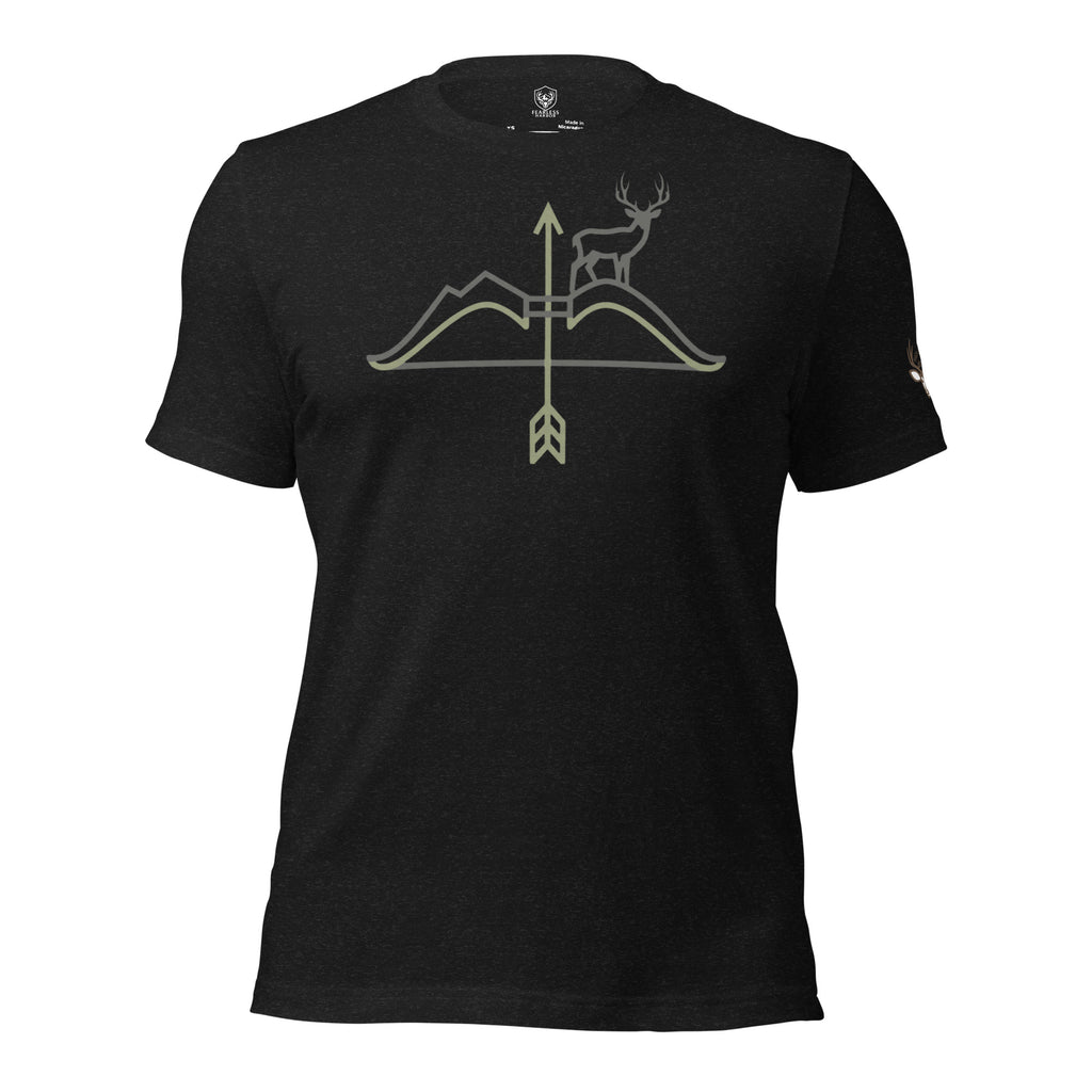 Front view of the Men's High Desert Mule Deer Bowline Tee in Black Heather with mule deer ridge and arrow graphic