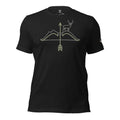 Front view of the Men's High Desert Mule Deer Bowline Tee in Black Heather with mule deer ridge and arrow graphic