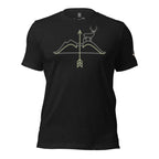 Front view of the Men's High Desert Mule Deer Bowline Tee in Black Heather with mule deer ridge and arrow graphic