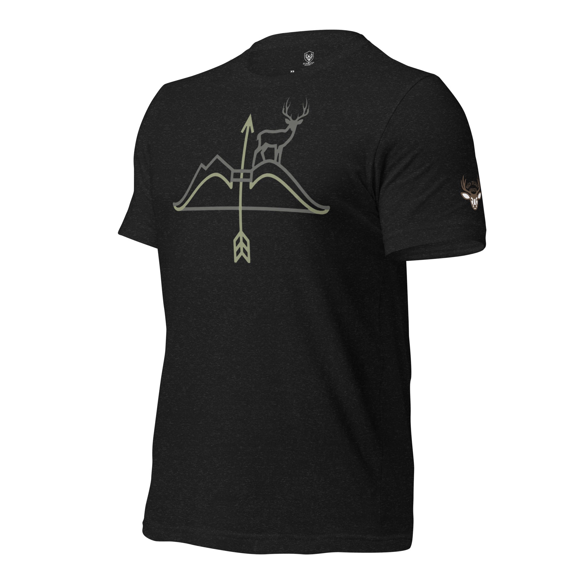 Side view of the Men's High Desert Mule Deer Bowline Tee in Black Heather showing the High Desert Rack mule deer sleeve emblem