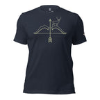 Front view of the Men's High Desert Mule Deer Bowline Tee in Heather Navy featuring mule deer ridge and arrow design