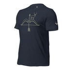 Side view of the Men's High Desert Mule Deer Bowline Tee in Heather Navy with High Desert Rack mule deer emblem on the sleeve
