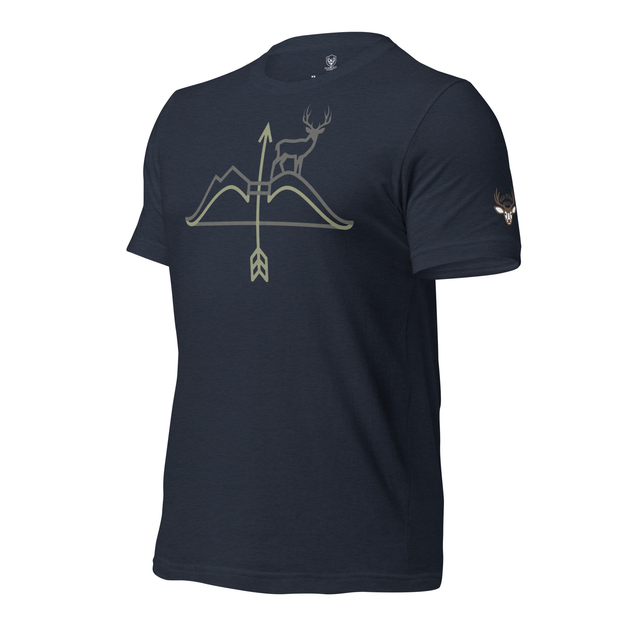 Side view of the Men's High Desert Mule Deer Bowline Tee in Heather Navy with High Desert Rack mule deer emblem on the sleeve