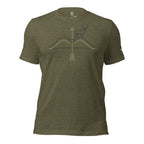 Front view of the Men's High Desert Mule Deer Bowline Tee in Heather Olive showing the mule deer ridge and arrow graphic