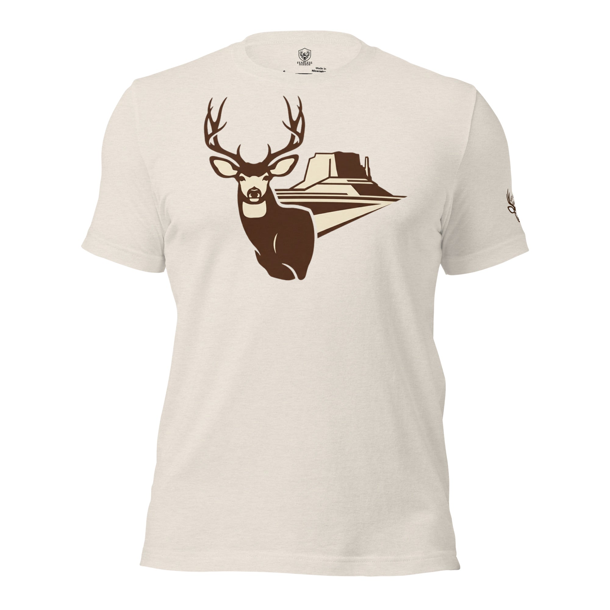 Men's Mesa Mule Deer Tee in Heather Dust featuring a mule deer buck with mesa country graphic