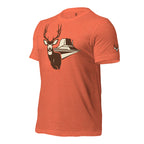 Men's Mesa Mule Deer Tee in Heather Orange with High Desert Rack mule deer emblem on the left front sleeve