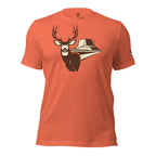 Men's Mesa Mule Deer Tee in Heather Orange showing mule deer buck with mesa backdrop