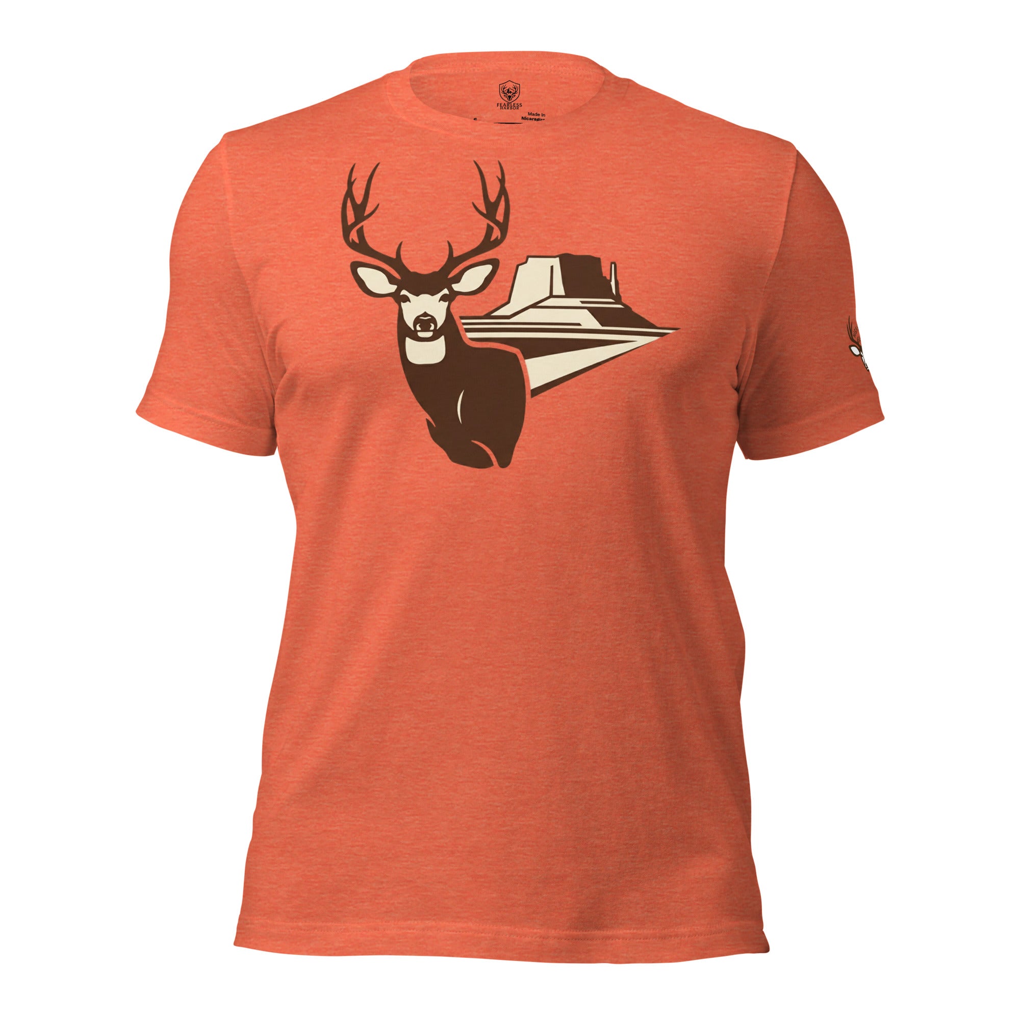 Men's Mesa Mule Deer Tee in Heather Orange showing mule deer buck with mesa backdrop