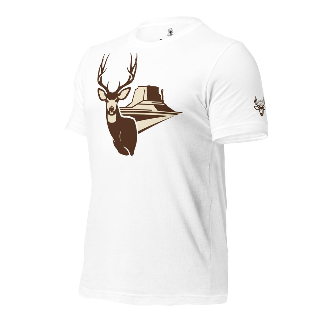 Men's Mesa Mule Deer Tee in White with High Desert Rack mule deer emblem on the left front sleeve