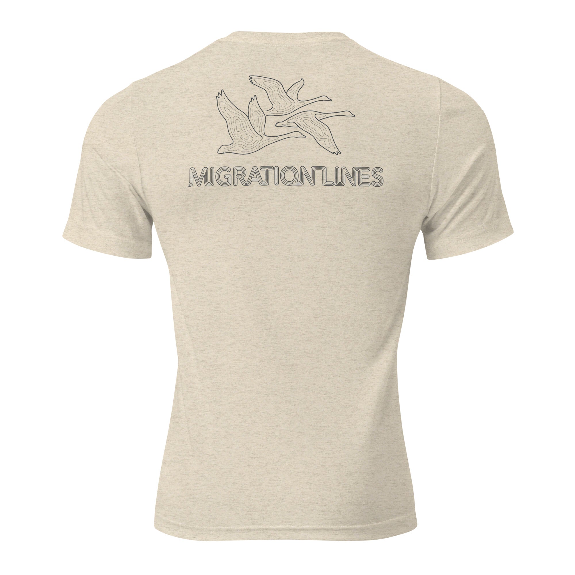 Men's Migration Lines Goose Tee in Oatmeal Triblend with migrating geese line-art graphic and Migration Lines text