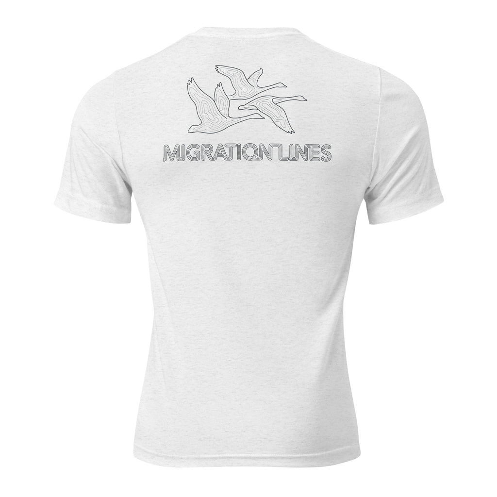 Men's Migration Lines Goose Tee in Solid White featuring migration line-art geese and Migration Lines wording