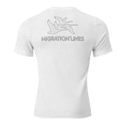 Men's Migration Lines Goose Tee in Solid White featuring migration line-art geese and Migration Lines wording