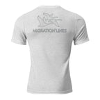 Men's Migration Lines Goose Tee in White Fleck Triblend showing migrating geese in flowing line-art style