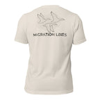 Men's Migration Lines Waterfowl Tee in Heather Dust showing migrating ducks in flowing line-art design with Migration Lines text