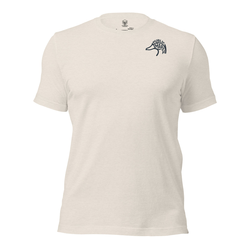 Men's Migration Lines Waterfowl Tee in Heather Dust with Public Marsh chest emblem