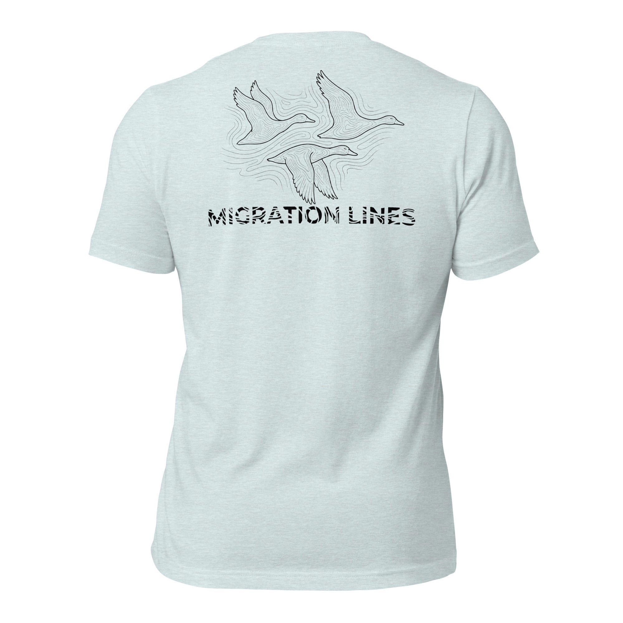Men's Migration Lines Waterfowl Tee in Heather Prism Ice Blue showing outlined migrating ducks and Migration Lines graphic