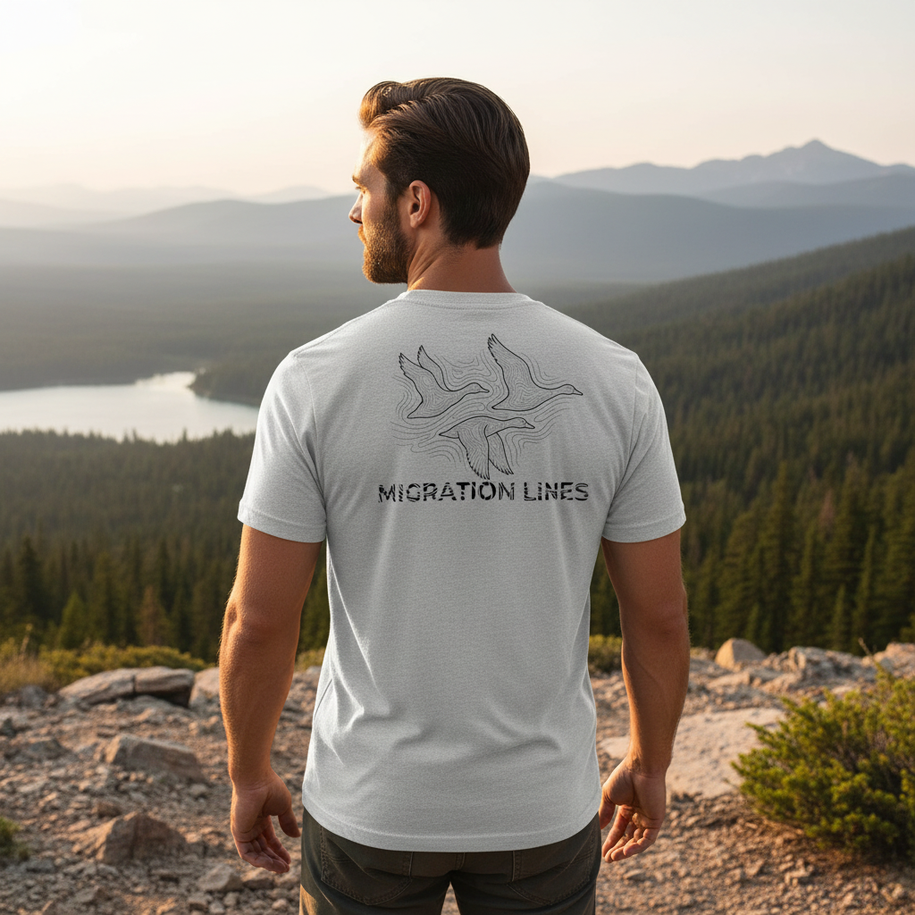 Man outdoors wearing the Men's Migration Lines Waterfowl Tee in Heather Prism Ice Blue showing migrating ducks line-art graphic