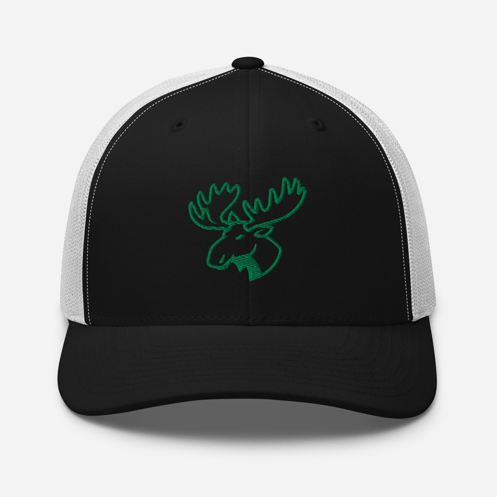 Mens black white moose hunting trucker hat with green embroidered moose outline on the front