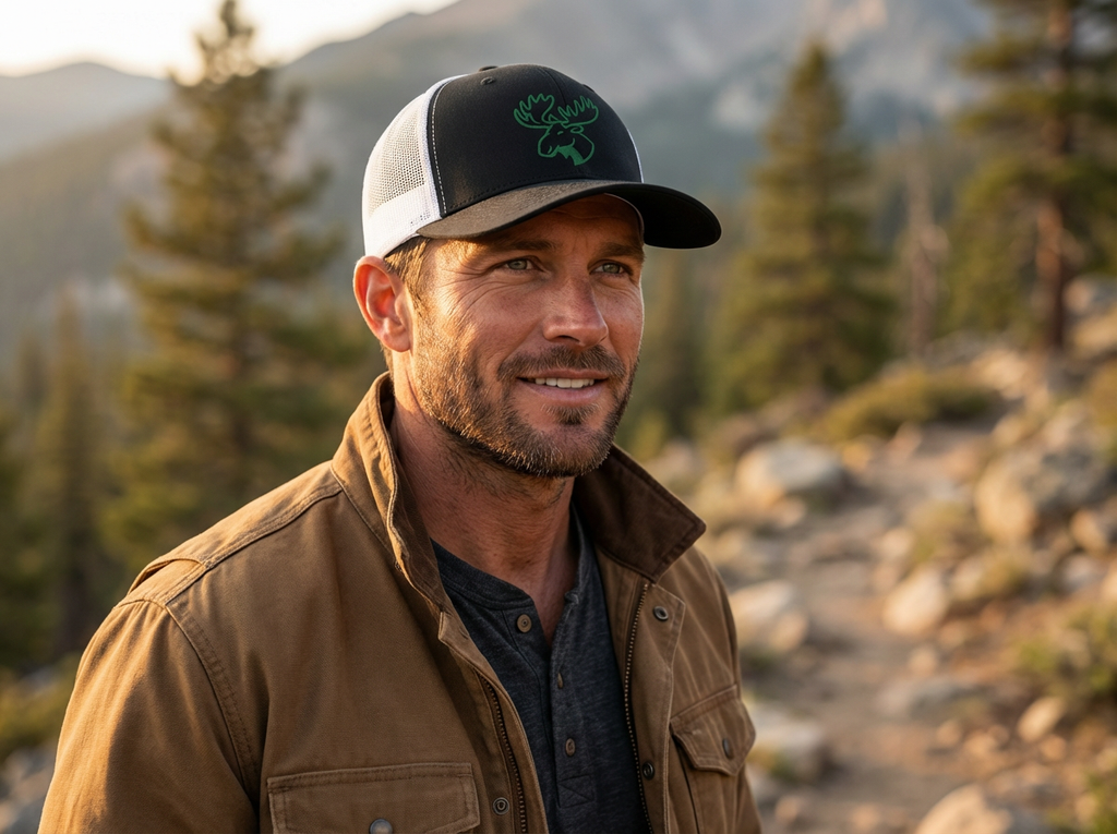 Man outdoors wearing a mens black white moose hunting snapback trucker hat showing mesh side panel