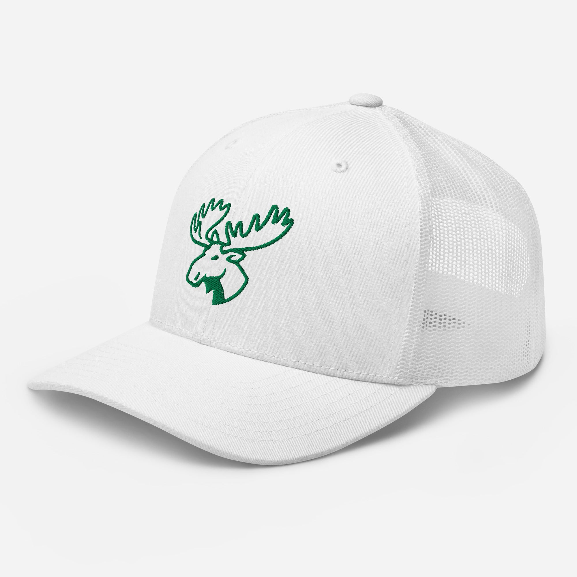 Mens white moose hunting snapback hat showing mesh side panel and adjustable snapback closure