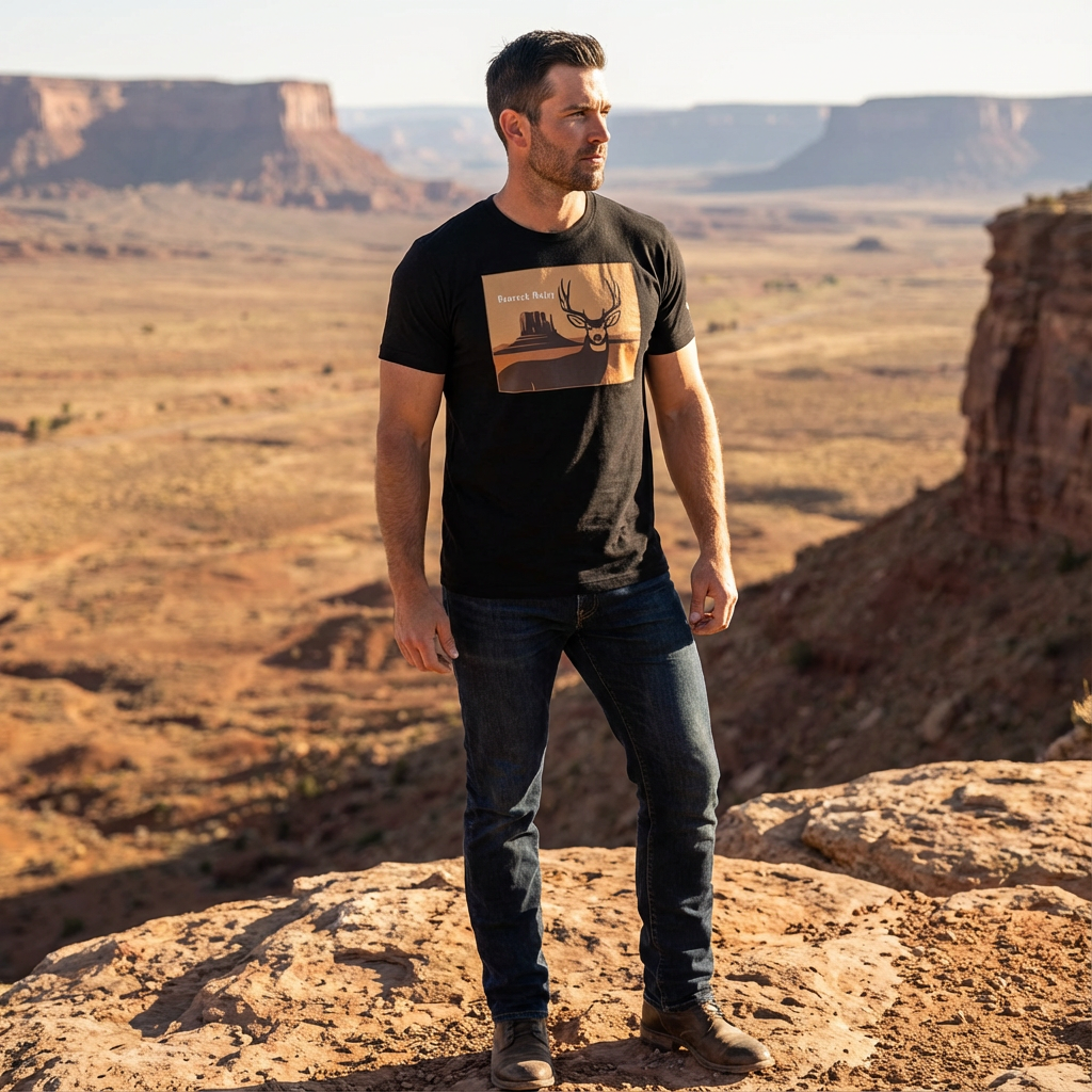 Man outdoors wearing the Men's Mule Deer Canyon Poster Tee in Black Heather front view showing the mule deer canyon graphic