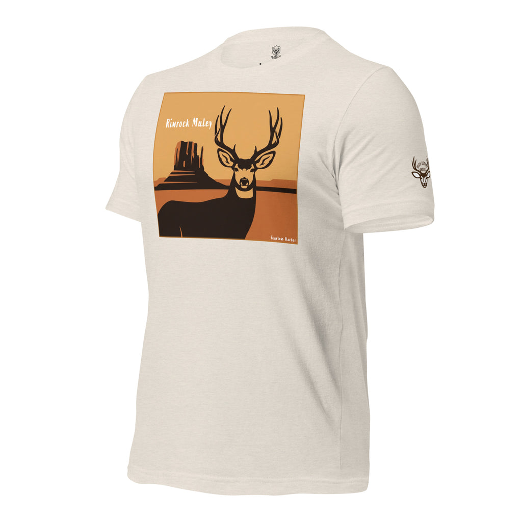 Men's Mule Deer Canyon Poster Tee in Heather Dust with High Desert Rack mule deer emblem on the left sleeve