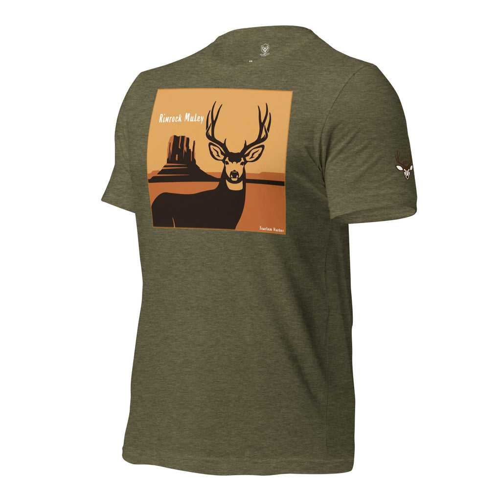 Men's Mule Deer Canyon Poster Tee in Heather Olive with High Desert Rack mule deer emblem on the left sleeve