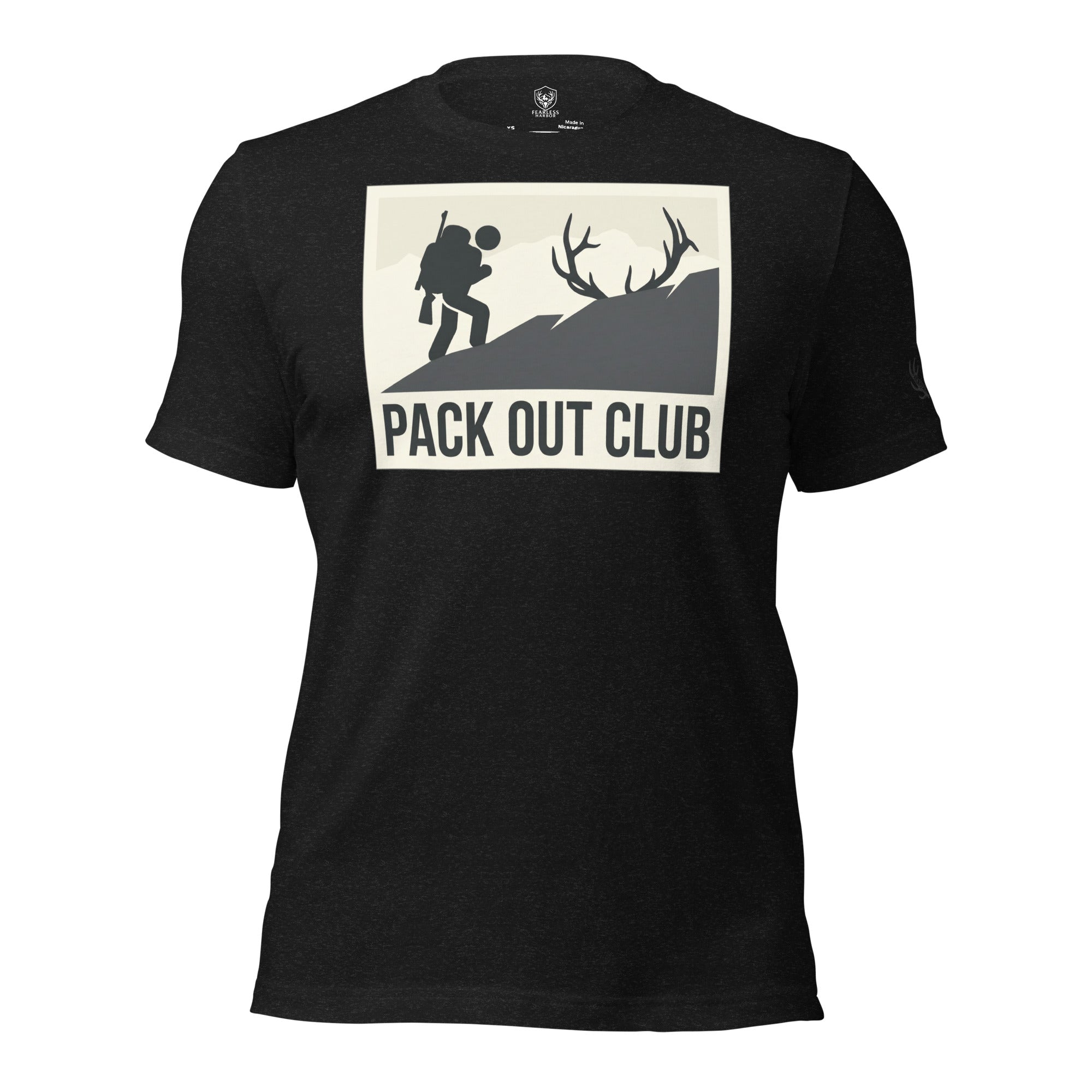 Front view of the Men's Pack Out Club Tee in Black Heather with pack out hiker graphic inspired by elk country pack outs