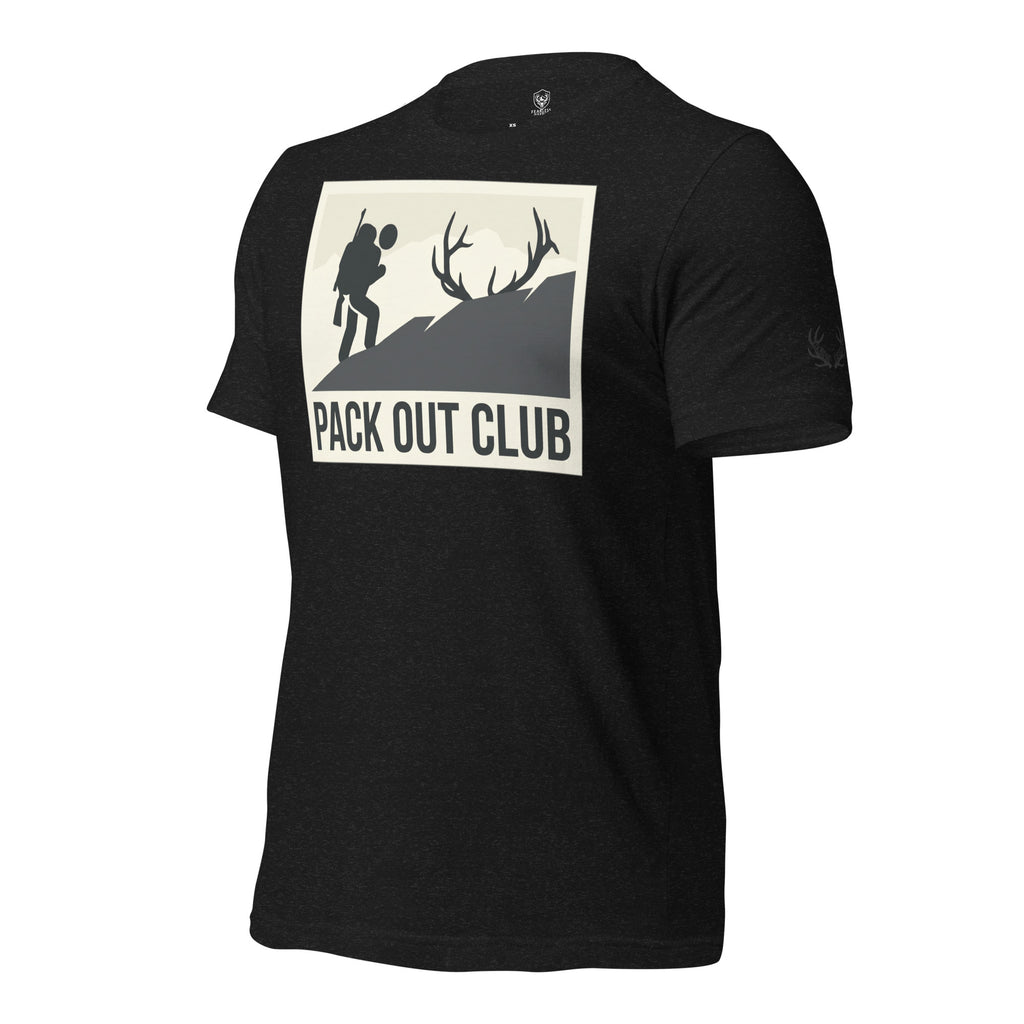 Side view of the Men's Pack Out Club Tee in Black Heather showing the Fearless Harbor antler sleeve emblem